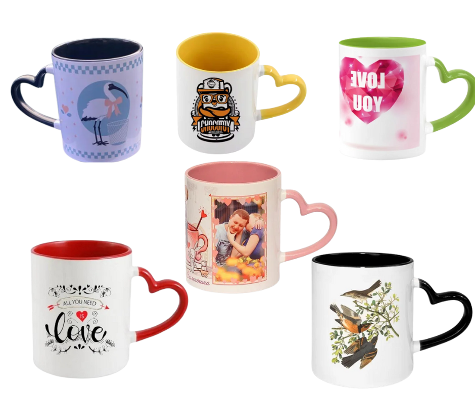 Mug Blanc Poignée cœur Personnalisé - Intérieur et Poignée | Disponible en plusieurs couleurs
